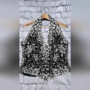 Tadashi Black Top Size L Beaded Halter Zipper Back Closure Formal  90s